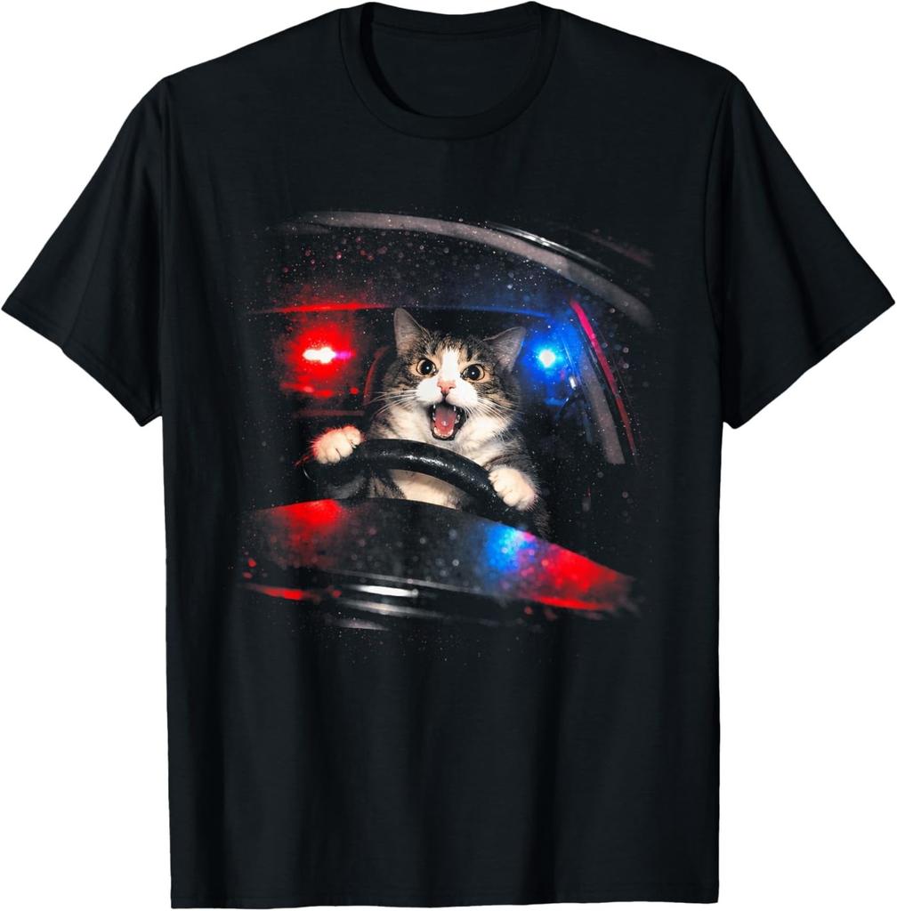 Funny Police Cat Driving Car Vintage Cat Meme T-Shirt