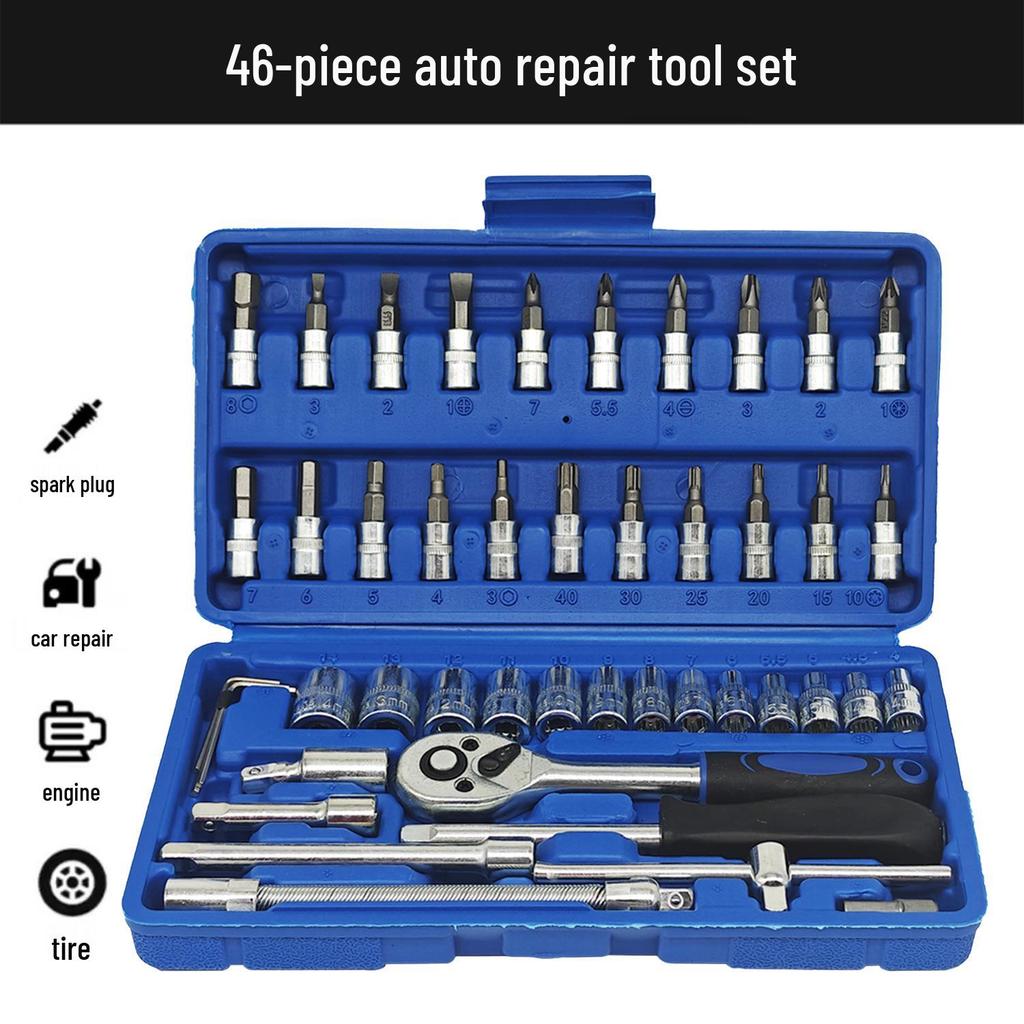 46-Piece Ratchet and Socket Wrench Set for Car and Motorcycle Repair