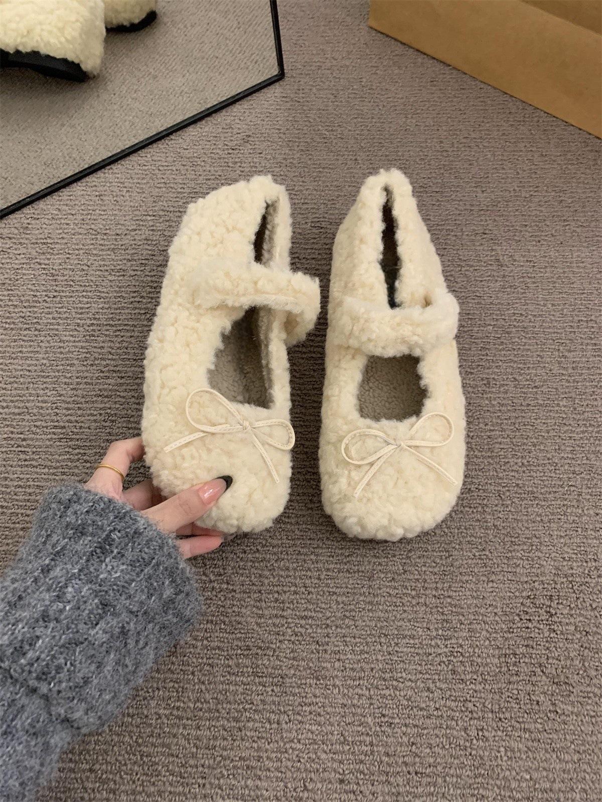 

Туфли французской феи пушистые, женская обувь зимой 2024 года, новые милые универсальные туфли Мэри Джейн с неглубоким бантом 35