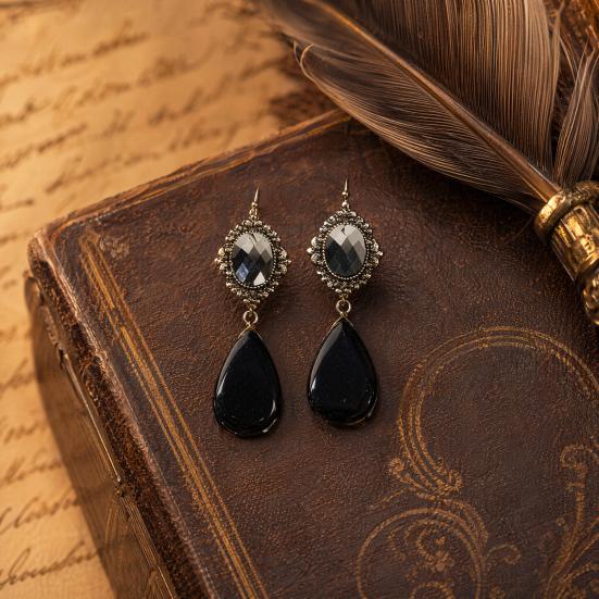 1 Pair Hook Earrings, Water Drop Imitation Gemstone Hollow Lace Metal Frame Drop Earrings, Double-Layered Pendants Earrings for Jewelry Gift