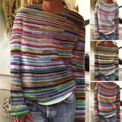 Women Sweater Round Neck Long Sleeve Graphic Print Pullover Sweater Loose Fit Thick Warm Knitwear Daily Wear
