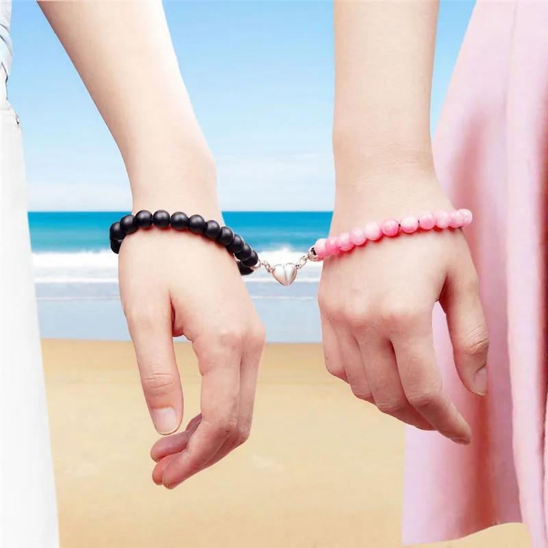 Trendy Couple 2Pcs/Set Natural Stone Beads Love Heart Magnetic Bracelet For Women Men Charm Peach Beaded Bracelets Jewelry Gifts