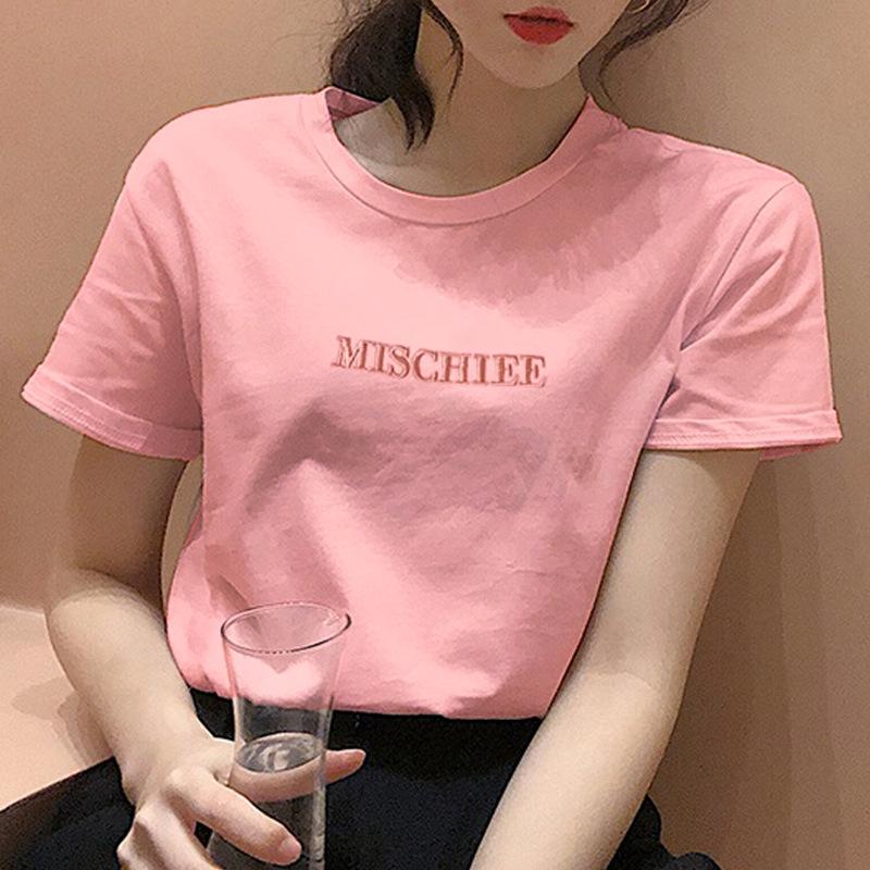 Letter Embroidered Short-sleeved T-shirt for Women In Summer Korean Women's Decorative Women's Round Neck Student Clothes Women's Top