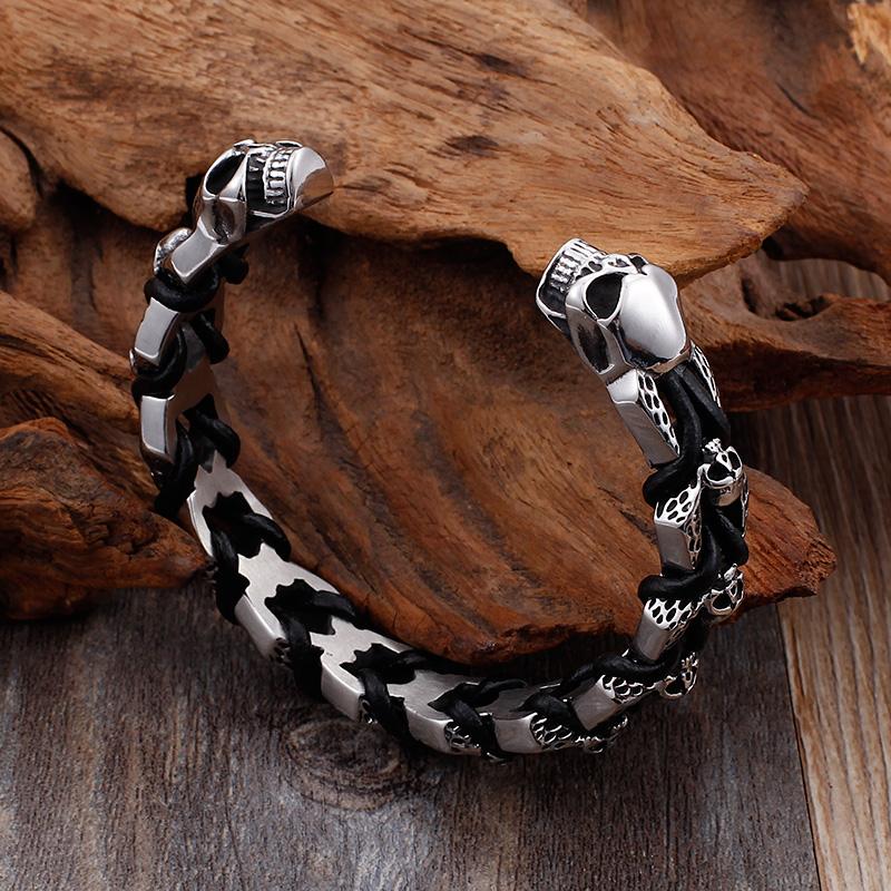 Punk Rock Schädel Wolf Drachenkopf Geformtes Offenes Armreif für Männer Edelstahl & Echtes Leder Armbänder Schmuck für Biker