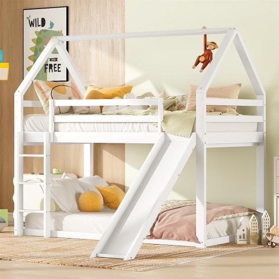 Stable Base Bunk Bed with Ladder Slide Falling Protection House Bed Strong Load Bearing Double Bed Solid Structure Wood Frame Family Loft Bed Bedroom