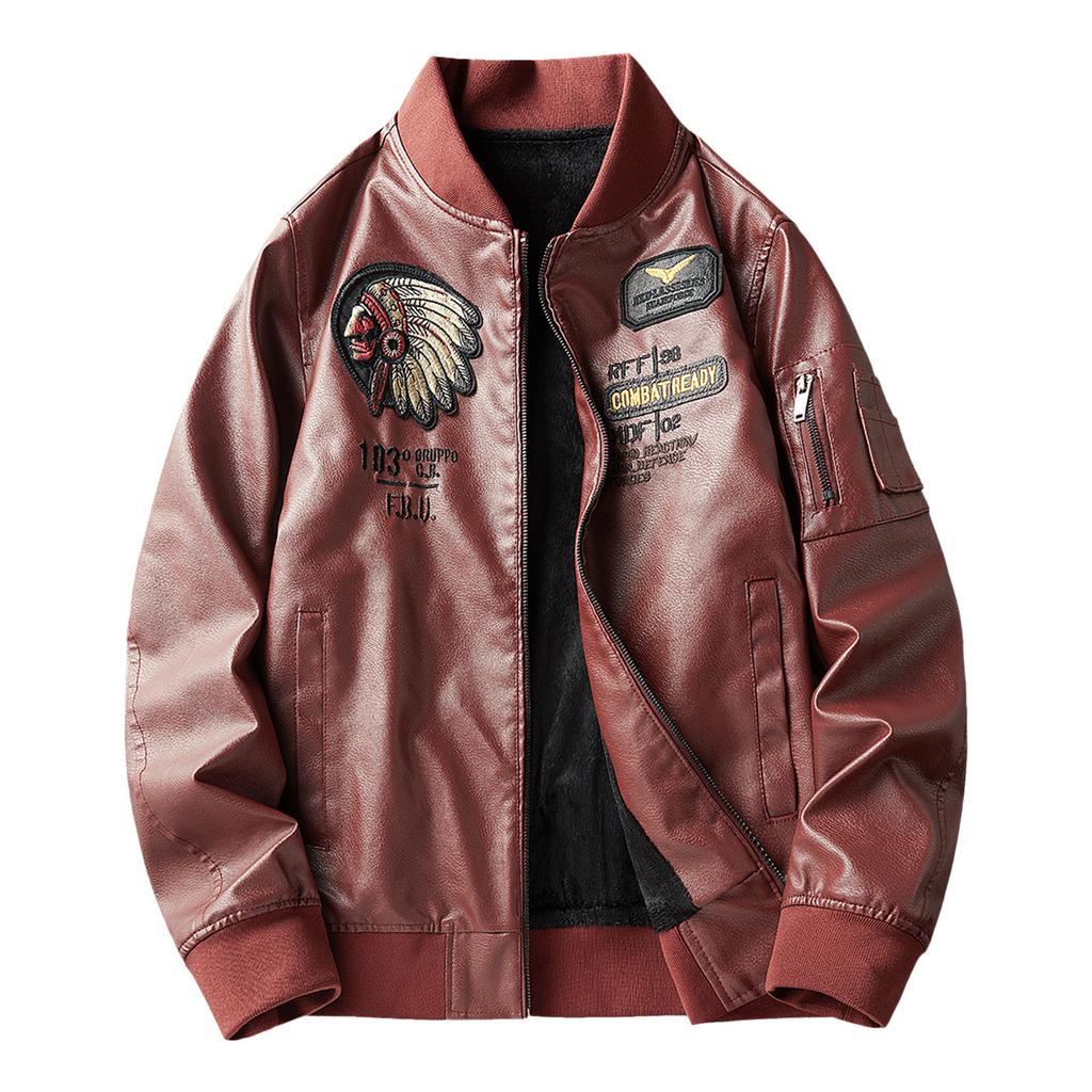 New top autumn and winter fleece leather jacket heavy industry embroidery Indian head stand-up collar retro American machine leather jacket