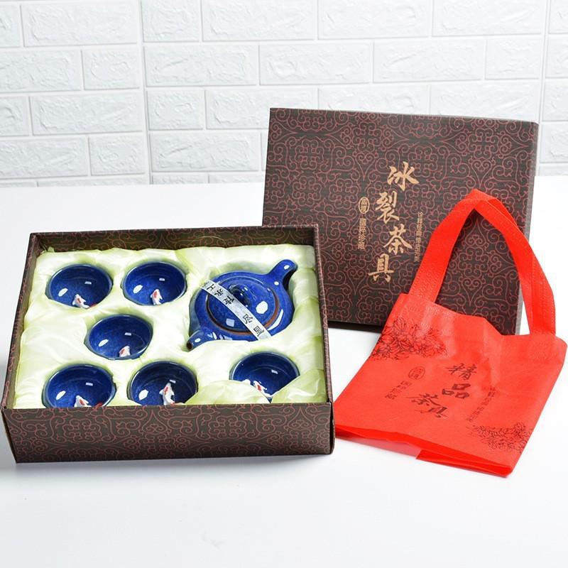 Ice Crackle Fish Pattern Ceramic Gongfu Tea Set: 1 Teapot & 6 Teacups Gift Box