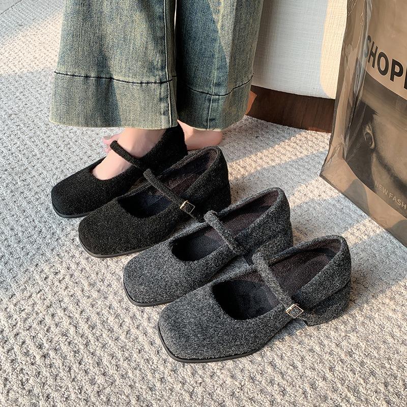 Women's thick heels, high heels, gray Mary Jane single shoes, new square head, fluffy woolen commute