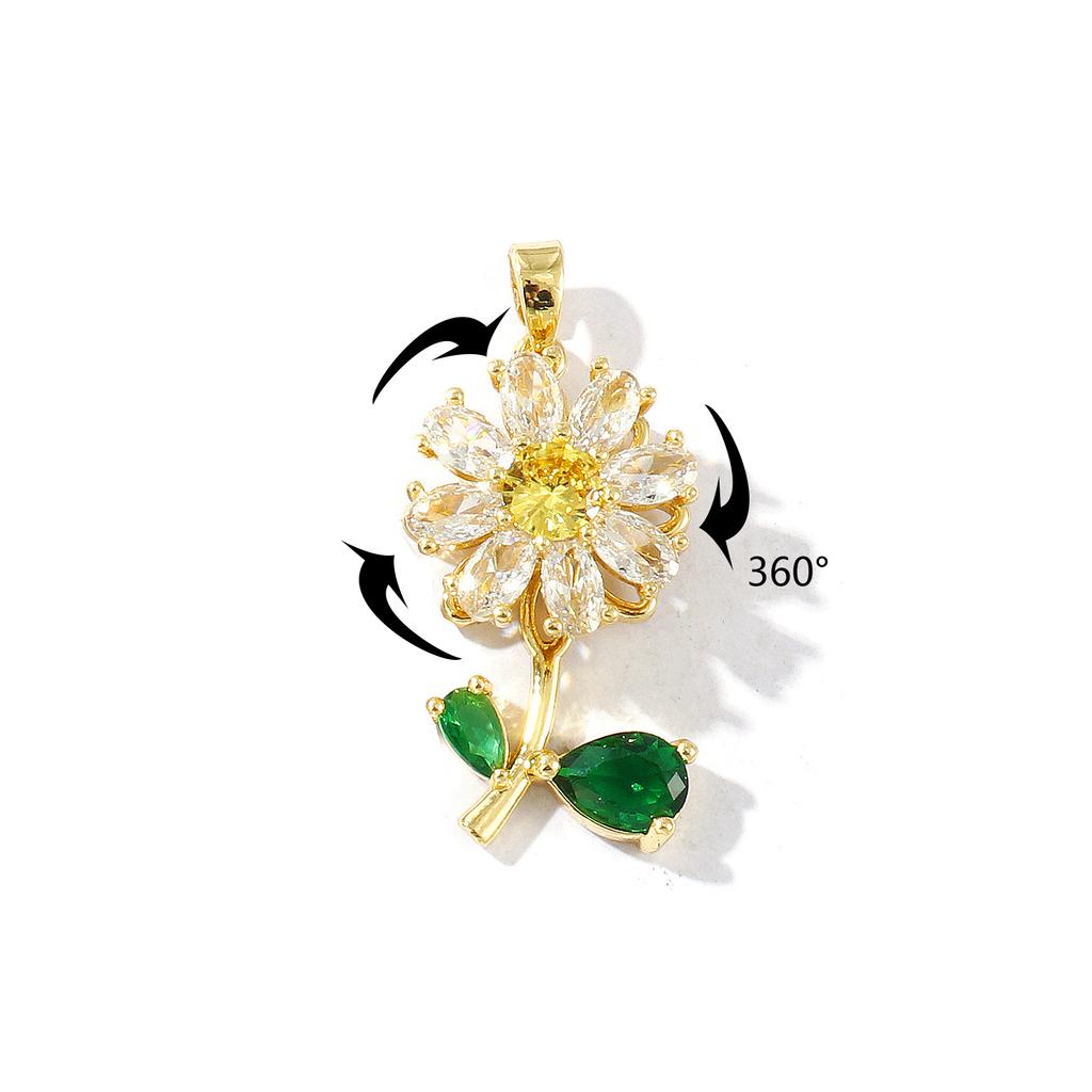 1 Piece Brass & Rhinestone Charms 18K Gold Plated Flower Rotatable Sunflower Daisy Pendants For DIY Necklace Jewelry Making