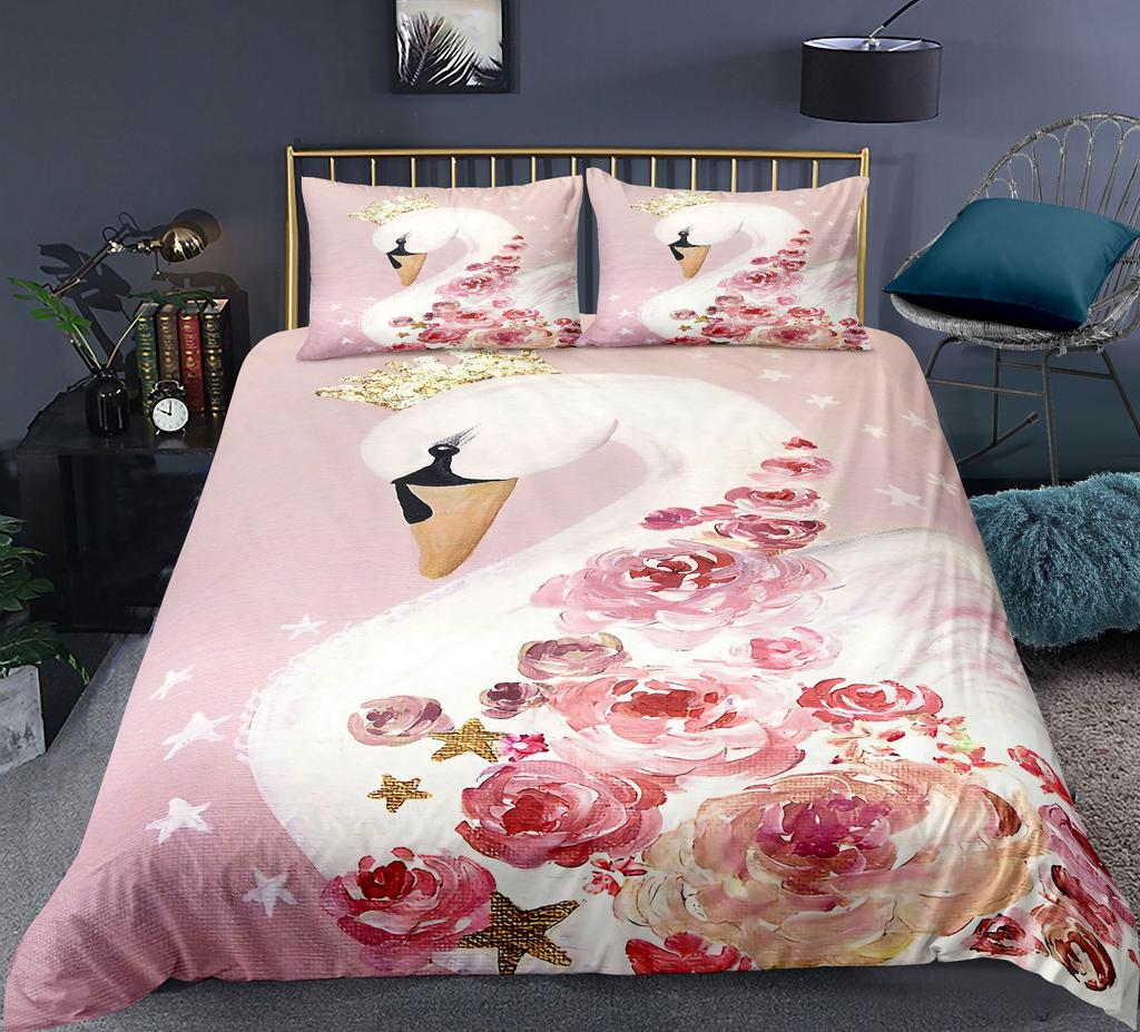 Swan Duvet Cover Set Rose Crown Comforter Cover Polyester Bedding Set Sweet Girl Romantic Quilt Cover Pink Red King Twin Size