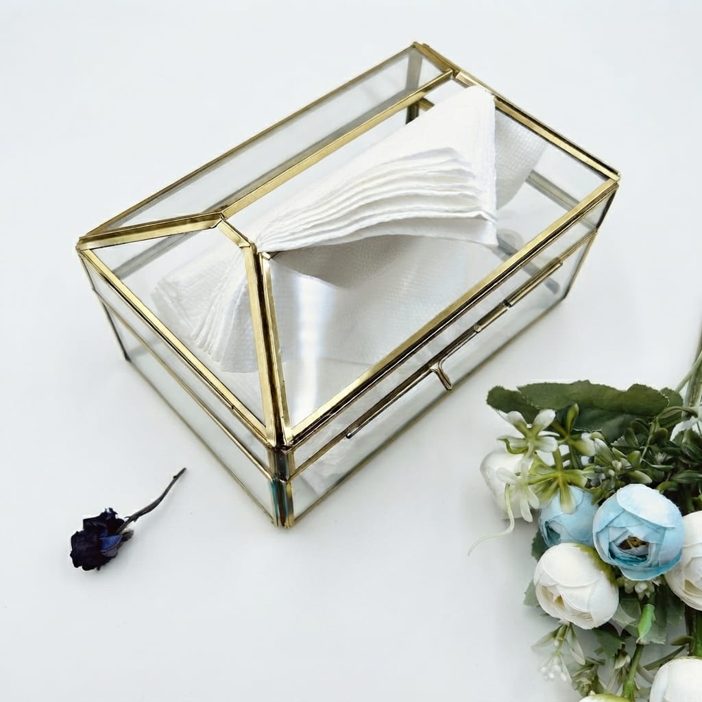 Tissue Holder Clear Glass and Metal Rim Beautiful Tissue Box for Home Decor (Gold)