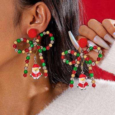 Fashion Colored Beaded Bow Hairball Earrings Creative Santa Pendant Christmas Earrings