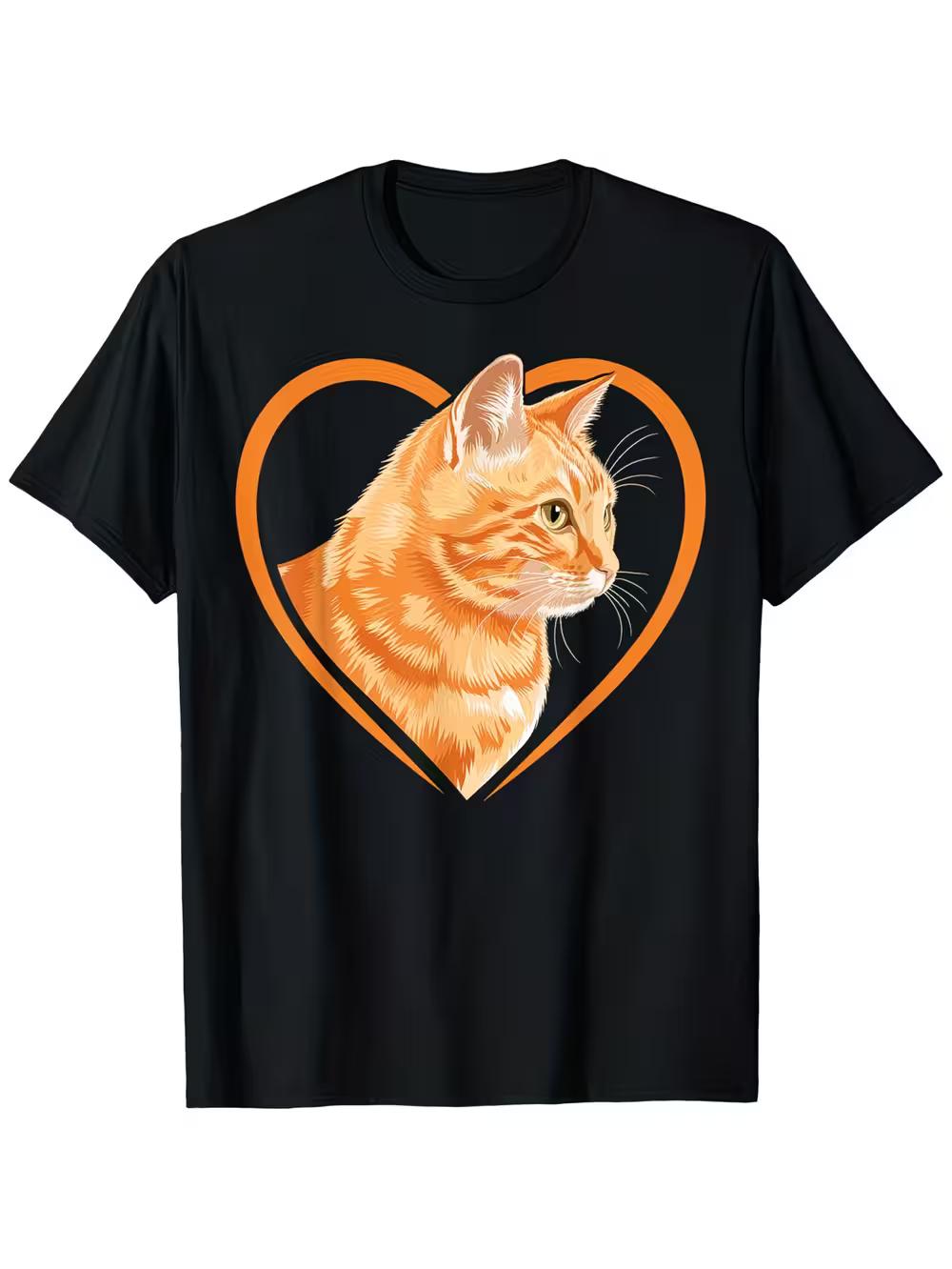 Men S And Women S Orange Tabby Cat T-Shirt - Featuring a Black Shirt with a Ginger Tabby Cat Face And Heart Design XXXL
