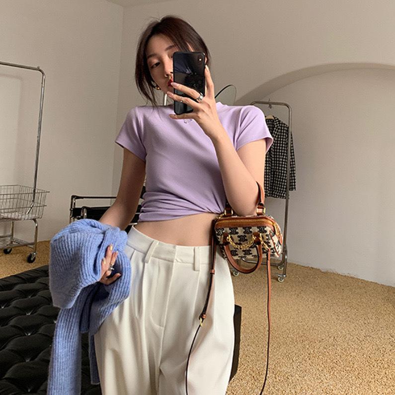 2025 Korean Style Solid Color Slim Fit Women's Short Sleeve T-Shirt