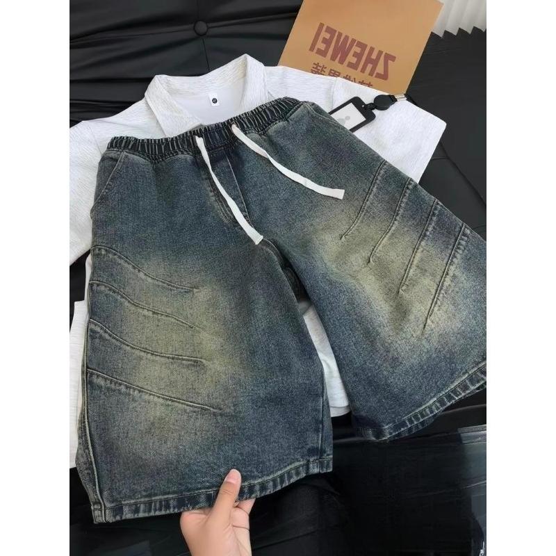 Retro Blue Pleated Denim Shorts Men s Summer Niche Design Pants American High Street Straight Five-point Pants Trendy Vintage Wash Denim Shorts M синий