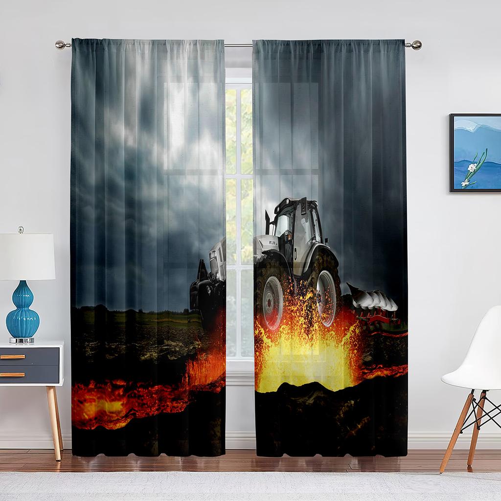 Tractor Harvests Crops Farm Theme Tulle Curtains for Living Room Bedroom Chiffon Voile Curtain Home Decoration Sheer Curtain