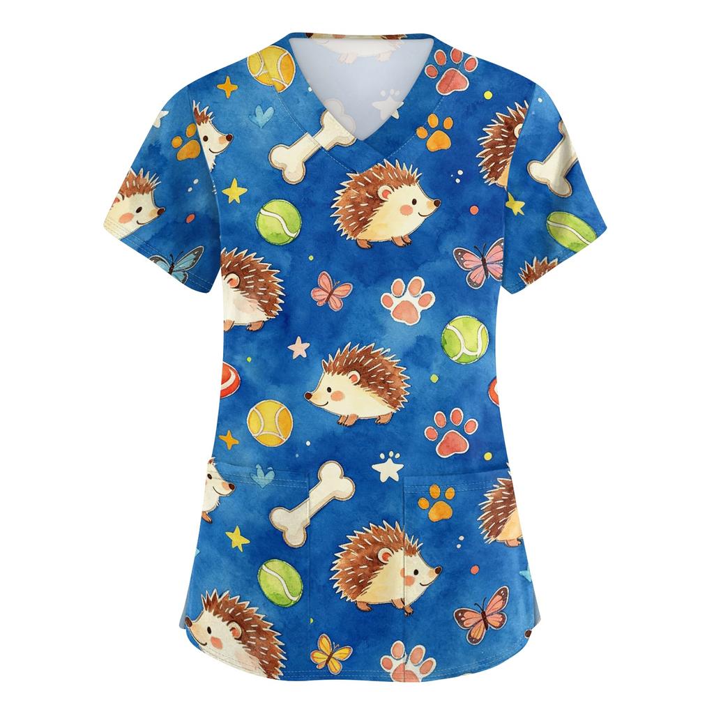 Women's V Neck Short Sleeve Work Top with Pockets Animal Print Medical Uniform Scrub Shirt for Healthcare Professionals Nursing Staff