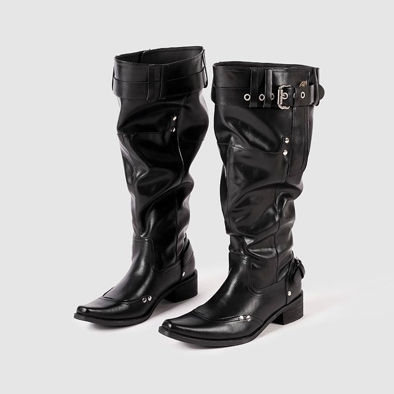 Niche design rear zipper pointed big tube circumference high heel stacking boots retro western cowboy boots thick heel boots women