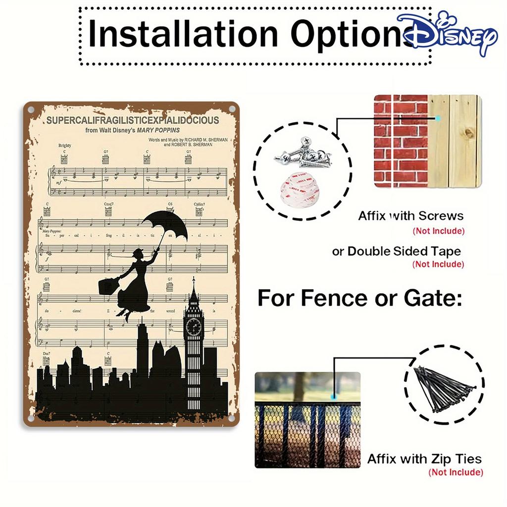 1pc Vintage Mary Poppins Metal Tin Sign - 20.32x30.48 cm Wall Art with Music Notes & Silhouette, Perfect for Home Decor & Holida