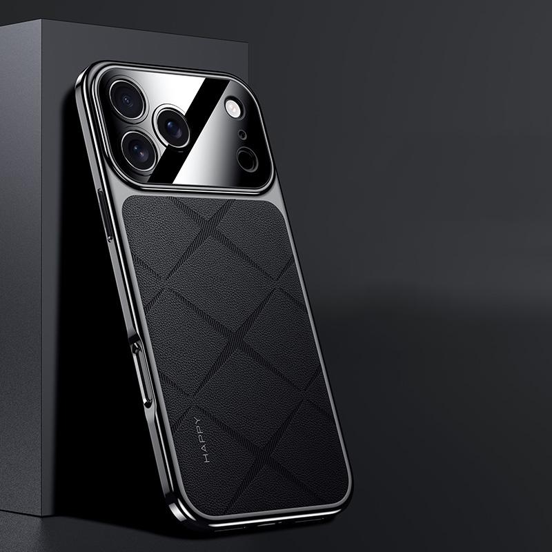 KEYSION Luxury Grid Pattern PU Leather Case for iPhone 17 Pro Max Plating TPU Camera Protection Phone Cover for iPhone 17 Air