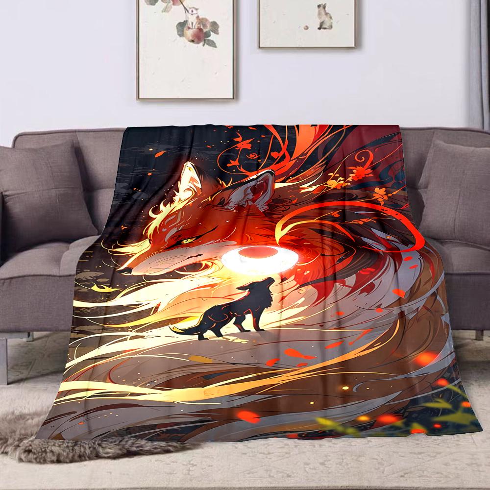 Fiery Fox and Wolf Lunar Artwork Patterned flannel blanket perfect for the bedroom living room, sofa, or a little nap
