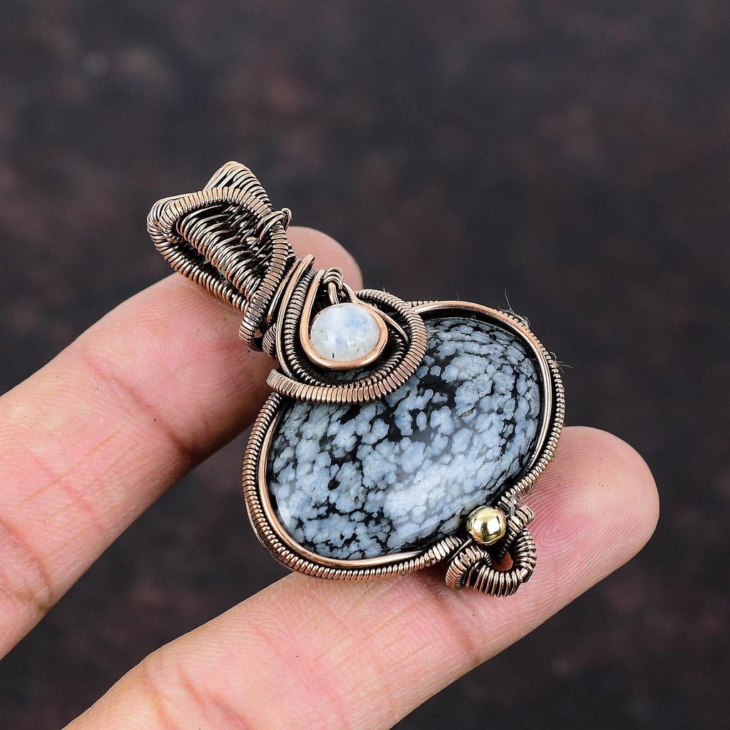 Snowflake Obsidian Pendant Copper Wire Wrapped Gemstone Pendant Rainbow Moonstone Jewelry Handmade Boho Pendant Copper Jewelry Gift For Him