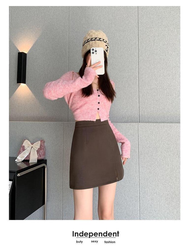 Petite High Waist Zipper Slit A-line Mini Skirt – Spring & Autumn Slimming Hip-Hugging Style.
