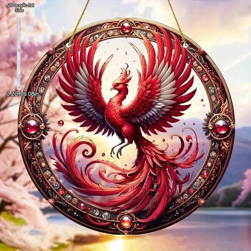 Suncatcher Fenice di Natale in Acrilico Vintage, Appeso Rotondo in Acrilico 2D, Decorazione Finestra Stile Vetro Colorato per Giardino e Cortile in Stile Farmhouse