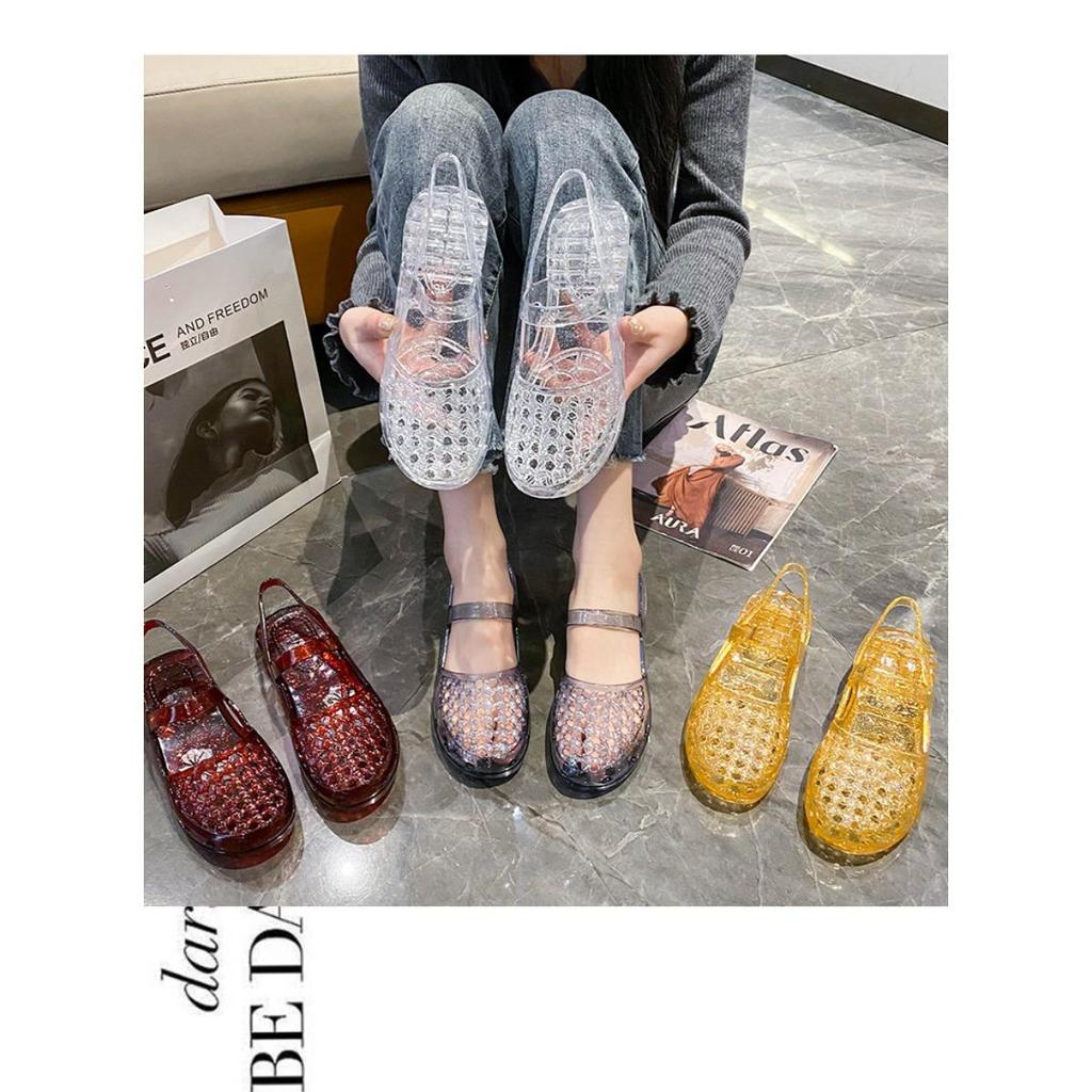 Gemstone Sparkling Jelly Mary Jane Shoes, Transparent Woven Hollow Flat Shoes, Waterproof and Non Slip, Cute Beach Pool Vacation Cooldown