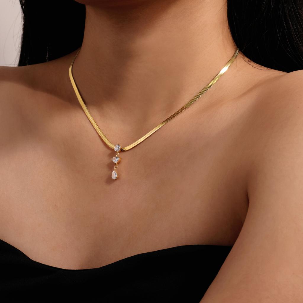 Snake Bone Chain Zircon Pendant Stainless Steel Necklace High Sense Daily Versatile Niche Design Women'S Jewelry