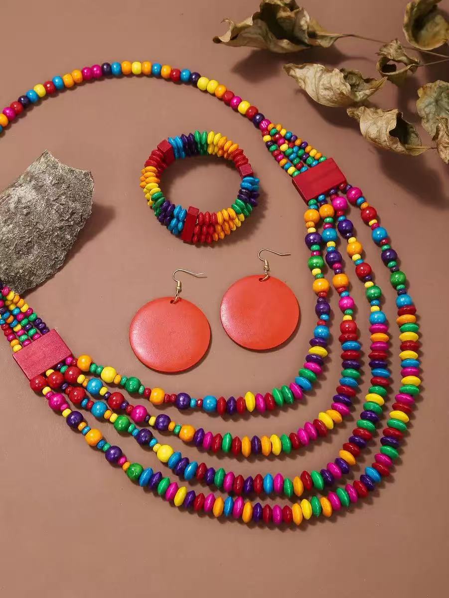 Bohemian Ethnic Wood Multi - Layer Necklace Set , Vintage Retro Handmade Chunky Choker for Women Exaggerated Layered Sta multicolor