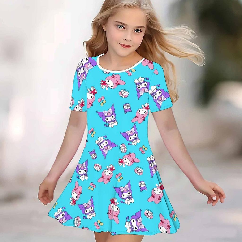 Girls 3D Print Dresses Kids Girl Party Short Sleeve Princess Dress Tank 3D Likable Cartoon Print Dress