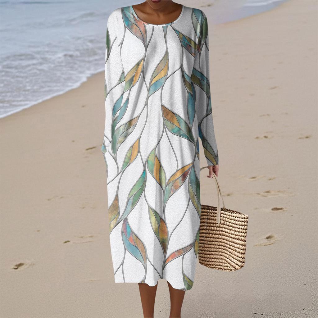 Women's Fashion Casual Long Sleeve Retro Floral Print Round Neck Pocket Elegant Temperament Dress