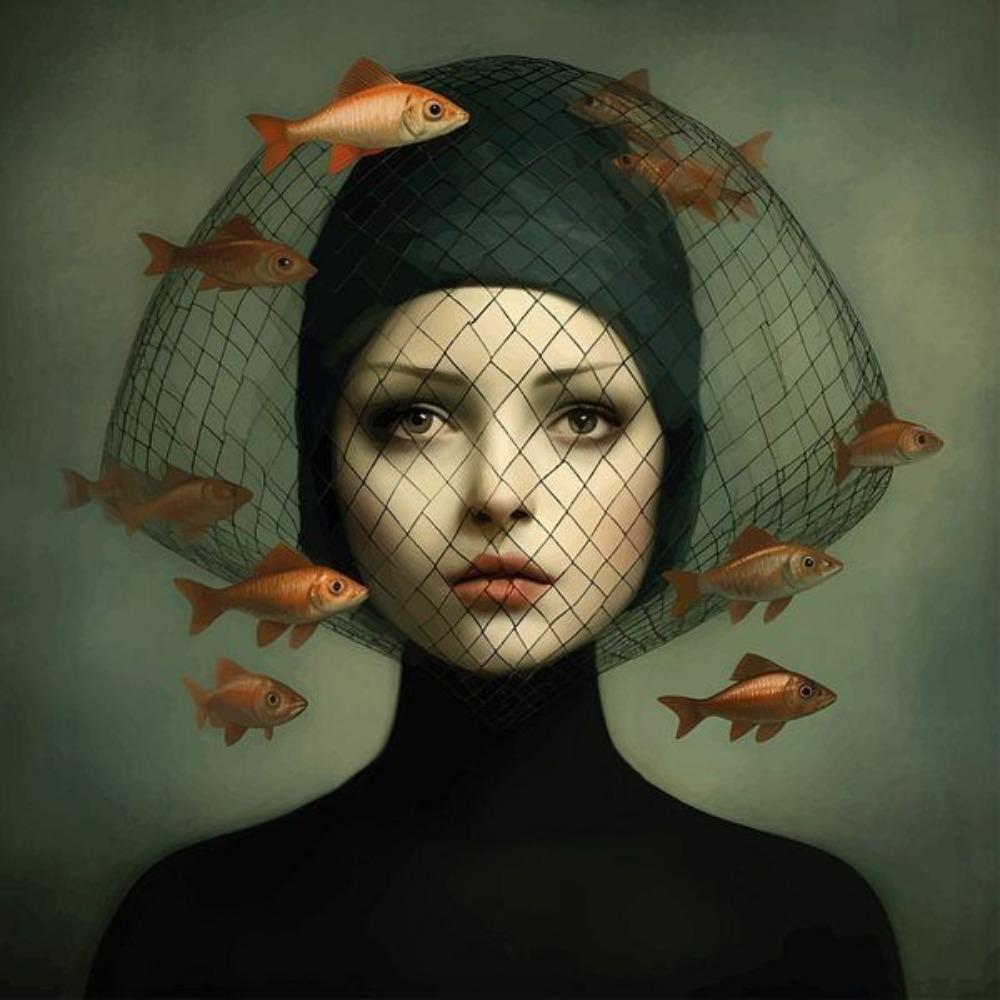 Surrealist Female Portrait Oil On Canvas Wall Art Fantastic Fantasy Fish and Girl Poster Printed Living Room Home Decor