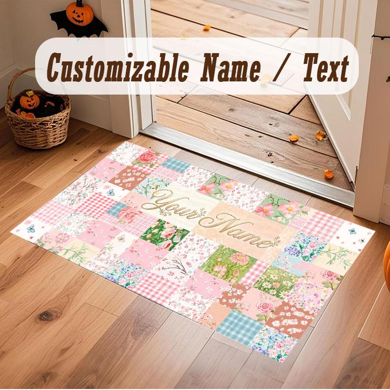 Floral Garden Theme Crystal Velvet Floor Rug Personalized Custom Name Text Warm Carpet Home Decoration