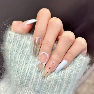 Pure Hand-wearing, Simple Blue French Nail Art Patch for Summer, Detachable Fake Nails