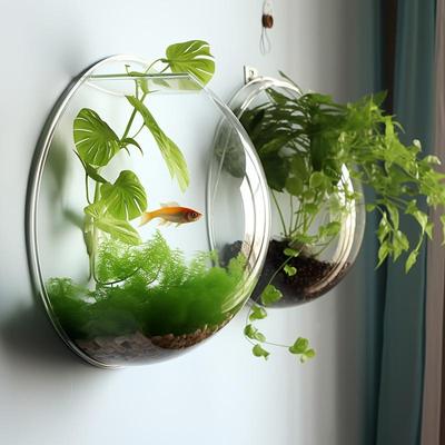 Classic Round Geometric Pattern Plastic Wall Hanging Vase with Plant Stand - Indoor and Outdoor Wall Decor for Green Plants and Flowers, Fish Bowl