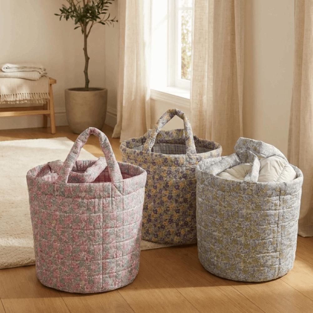 Collapsible Quilted Storage Basket Large Capacity Flower Pattern Storage Basket  Bedroom