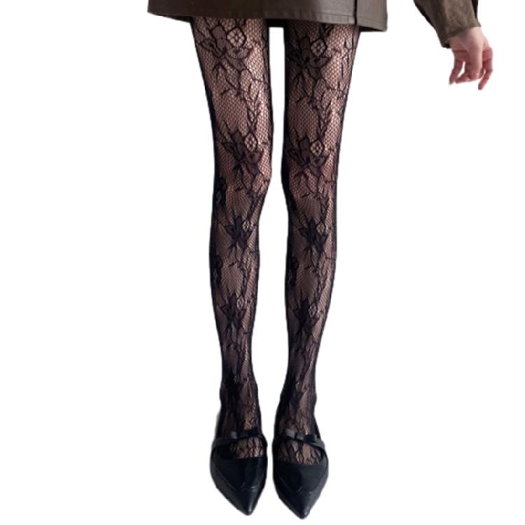Women JK Hollowed Flower Jacquard Pantyhose Sexy Fishnet Lace Tights Leggings