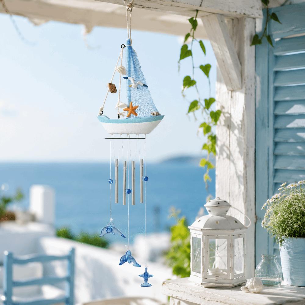 Dolphin Pendant Nautical Sailboat Wind Chime Shell Star Mediterranean Style Wooden Sailboat Models Tassel Decoration