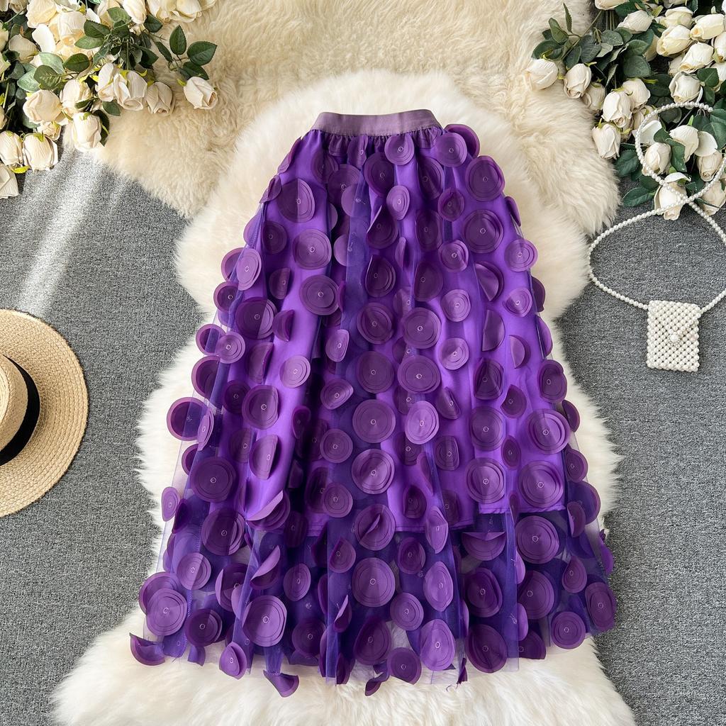 Gonna Tulle Estiva da Donna a Media Lunghezza Ricamata a Pois Tridimensionale ad Ampia Campana