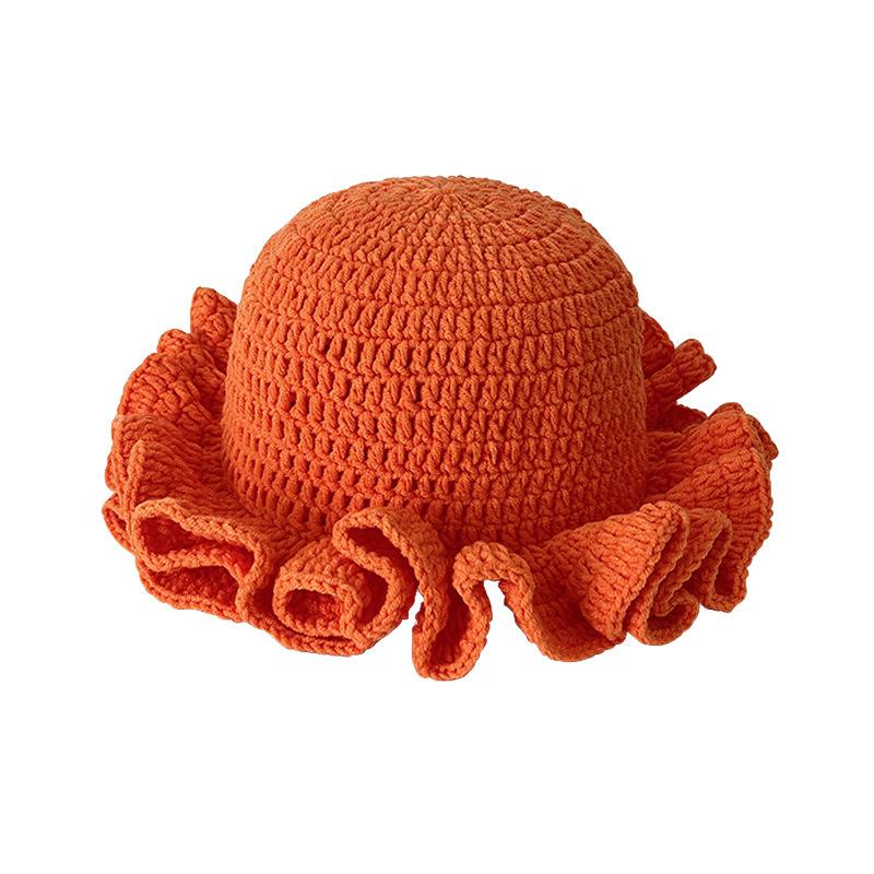New Colorful Crochet Ruffle Brim Knit Bucket Hats Winter Woman Handmade Stretch Fisherman Cap Outdoor Warm Windproof Beanie Hat