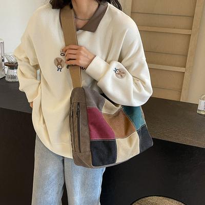 Bolso de lona de gran capacidad con costuras en contraste, bolso cruzado para mujer, bolso de viaje para estudiantes