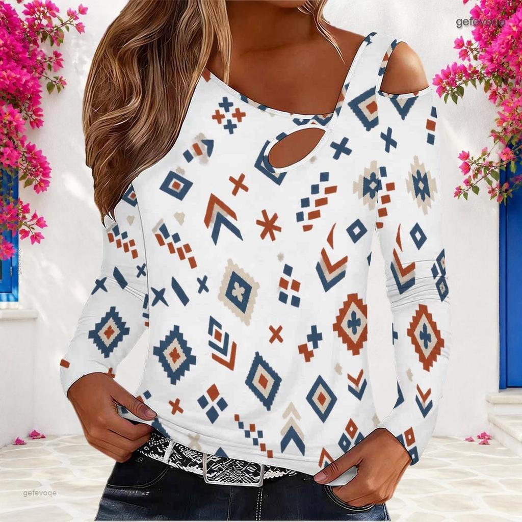 Women Plus Size Asymmetric Cutout Neck Cold Shoulder Long Sleeve Paisley Printed Blouse