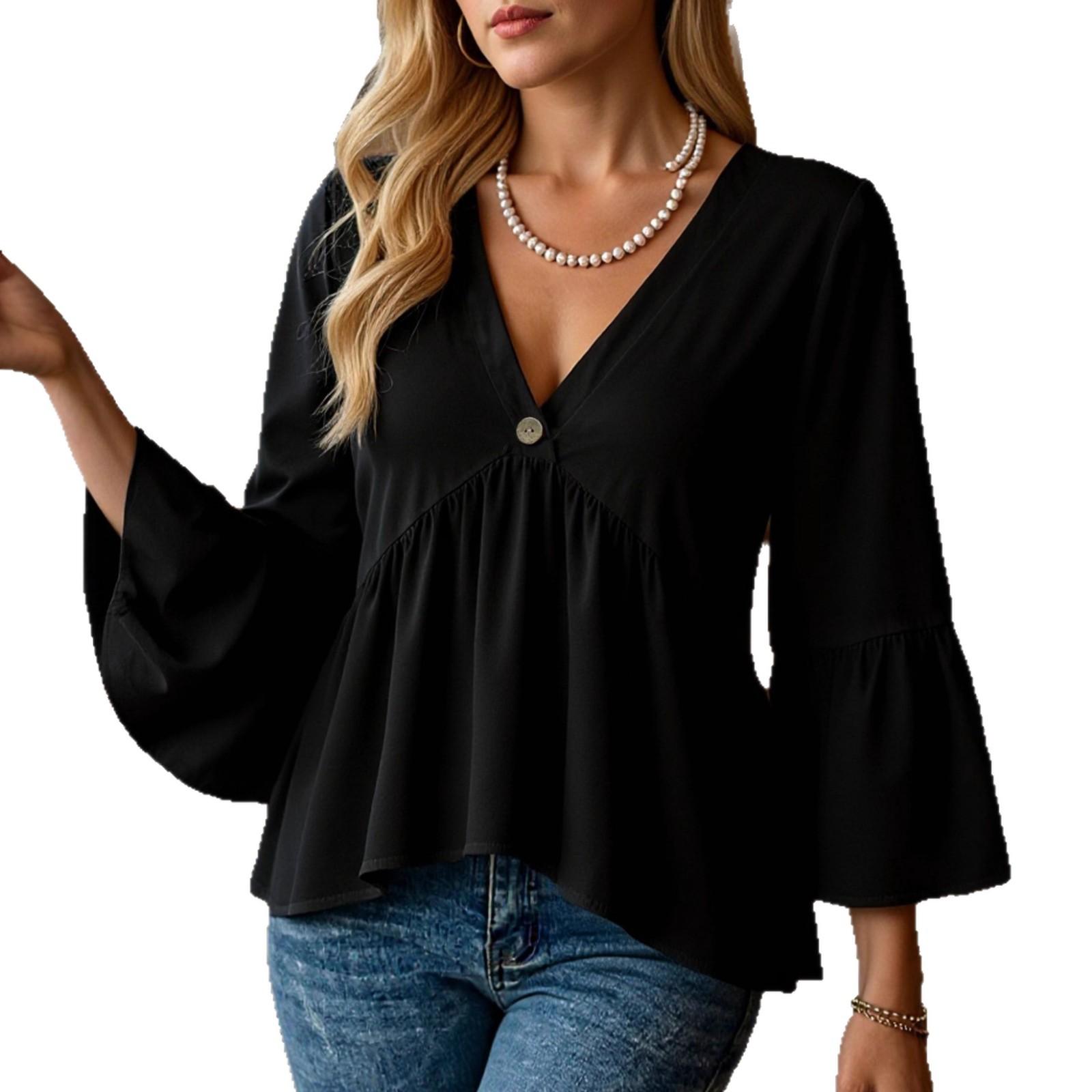

Женская блузка с V-образным вырезом и рукавами-рюшами, женская повседневная рубашка с рукавами три четверти в форме колокола, однотонный свободный топ S чёрный