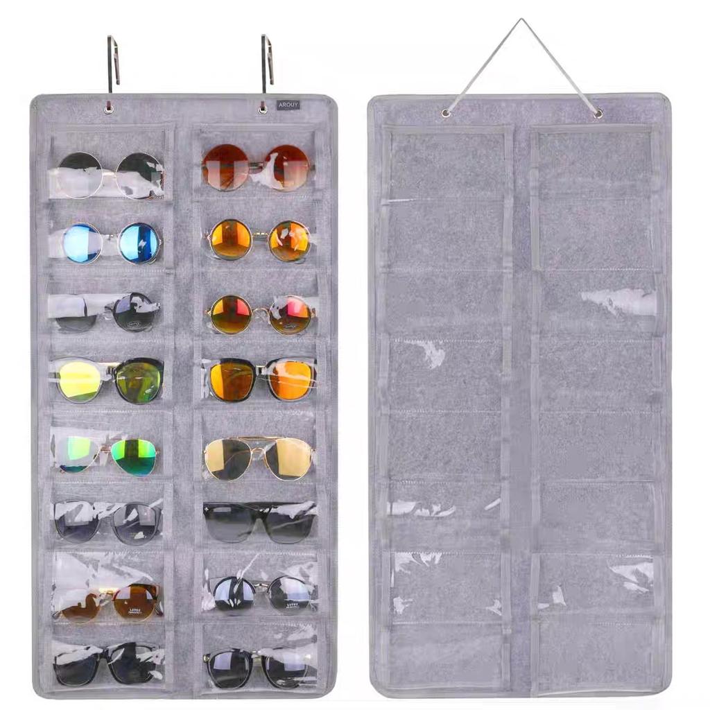 16-Compartment Felt Eyewear Stand, Suitable for Sunglasses, Display Rack, Hanging Pouch, Wall-Mounted Storage Pocket Organizer