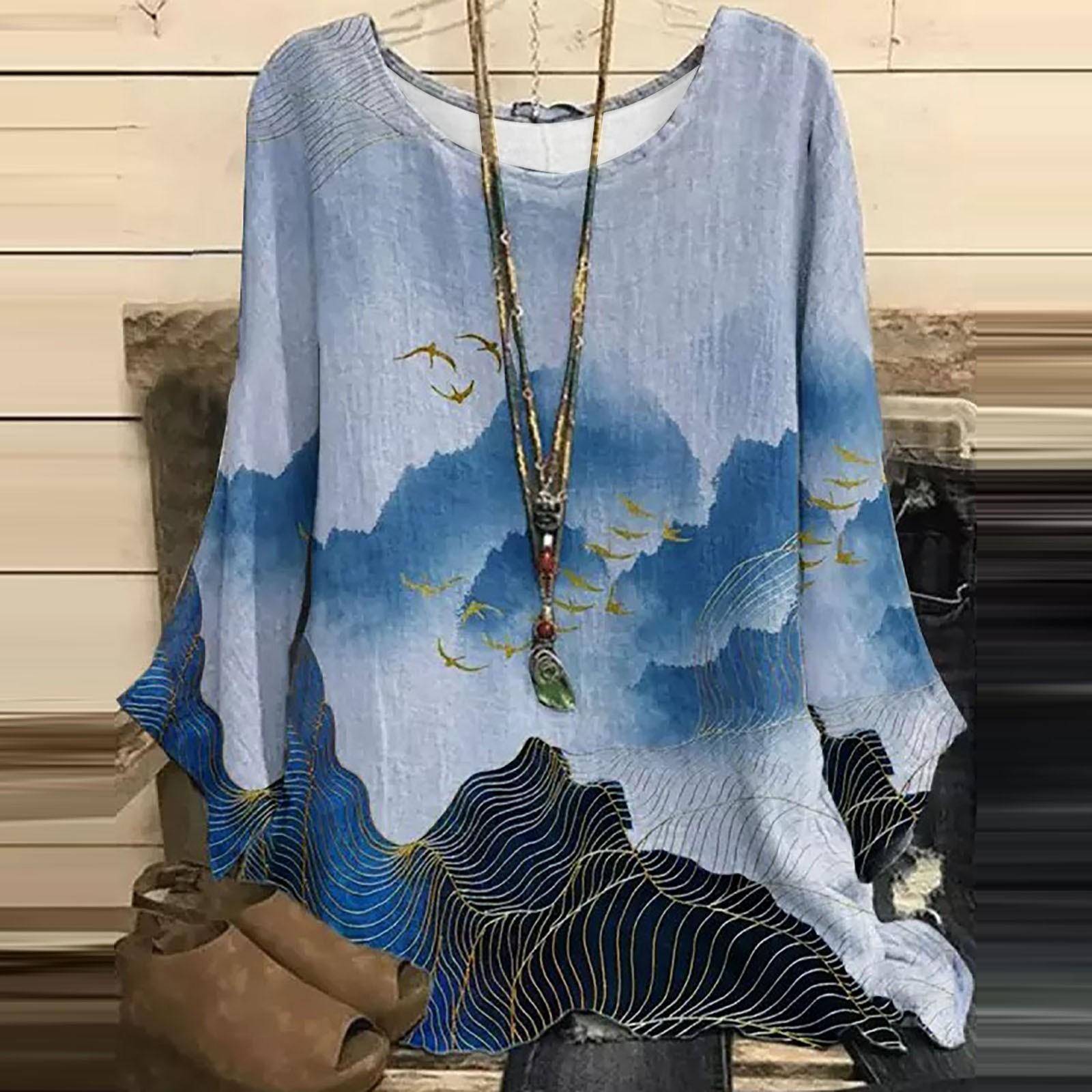 Women s Casual Printed Round Neck Hanging Loose Retro Long-sleeved Top XXL синий