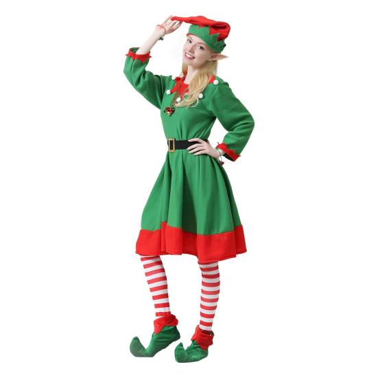 8 Pcs Women Christmas Elf Costume Set Green Xmas Dress Festive Outfit with Elf Ears Hat Shoes Belt Striped Socks