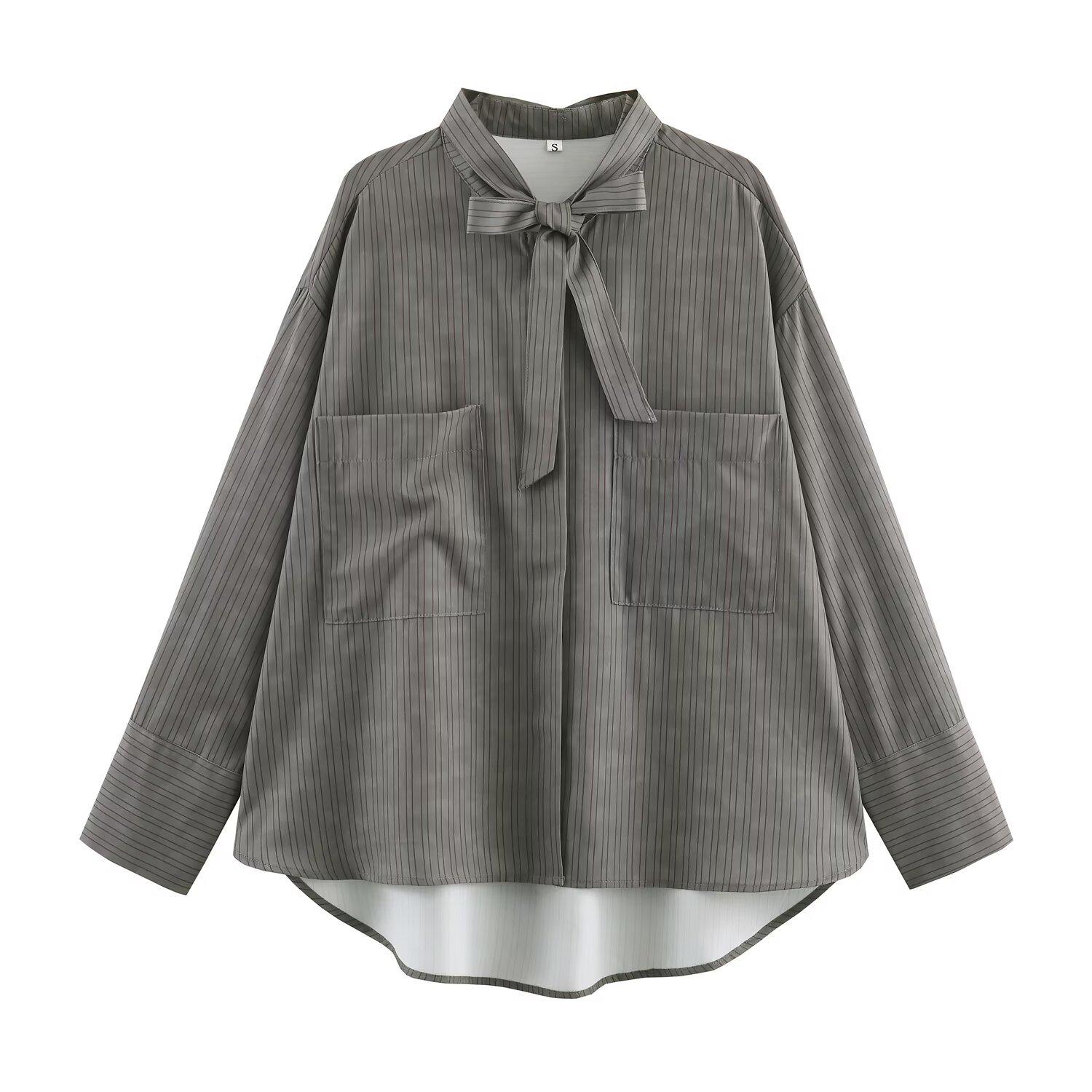 

2026 Spring Women s Long Sleeve Loose Shirt with Bow and Large Pockets S