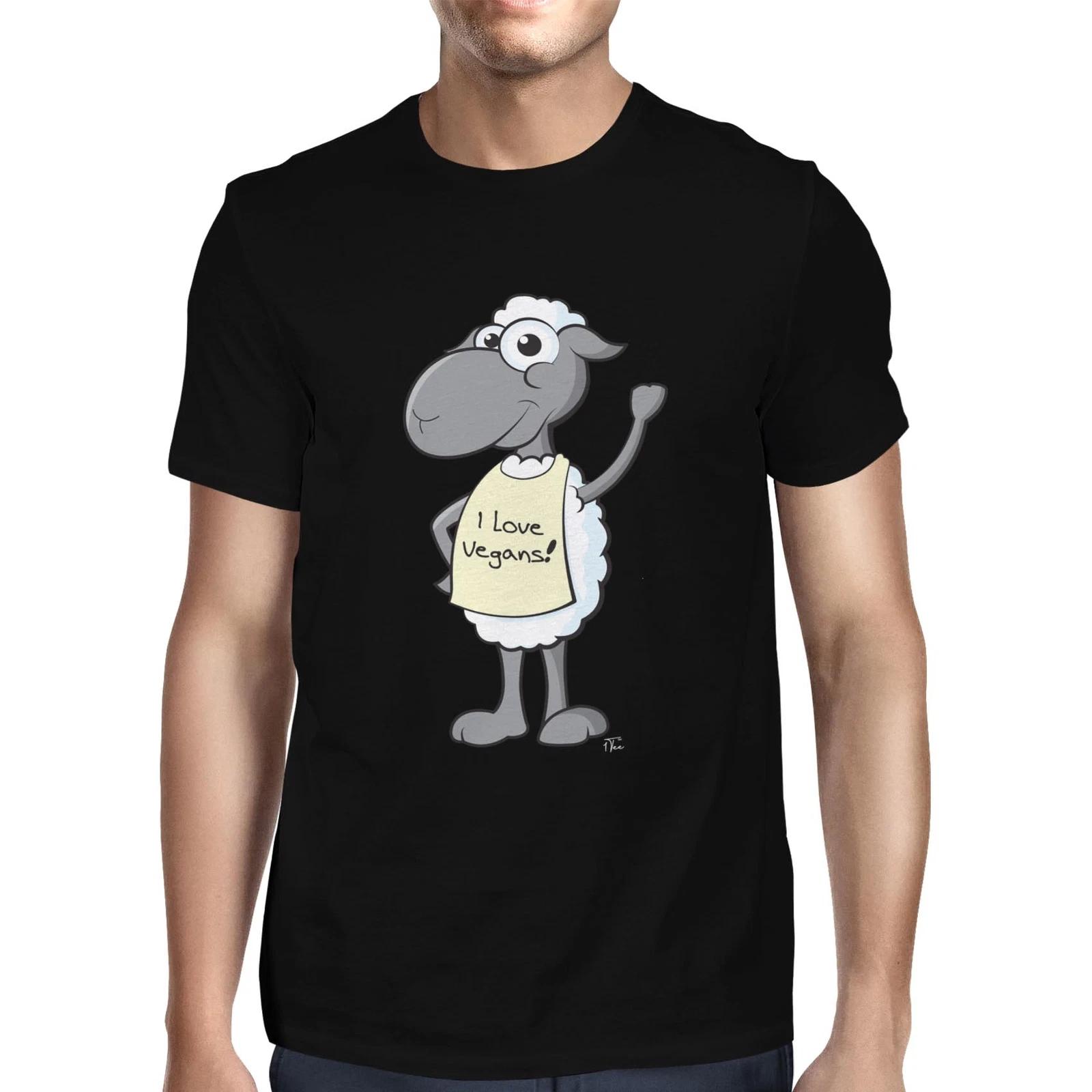 1Tee Mens I Love Vegans, Waving Sheep Character T-Shirt L